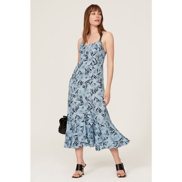 THANKOON COLLECTIVE Blue Shift V-Neck Floral Leaf Print Midi Dress Size 14 - Picture 1 of 12